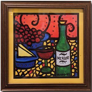 Colorful Framed Wall Art Merlot Wine Cheese Grapes